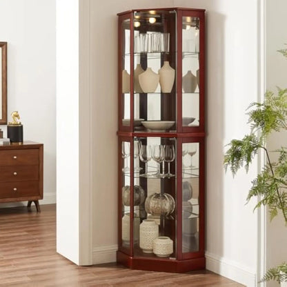Lighted Curio China Cabinet Corner Display with Tempered Glass Doors and Shelves, Wooden Accent