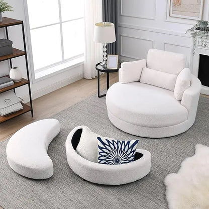 Oversize Round Barrel Swivel Accent Chair with Armrest Tray and Ottoman, Corduroy Fabric