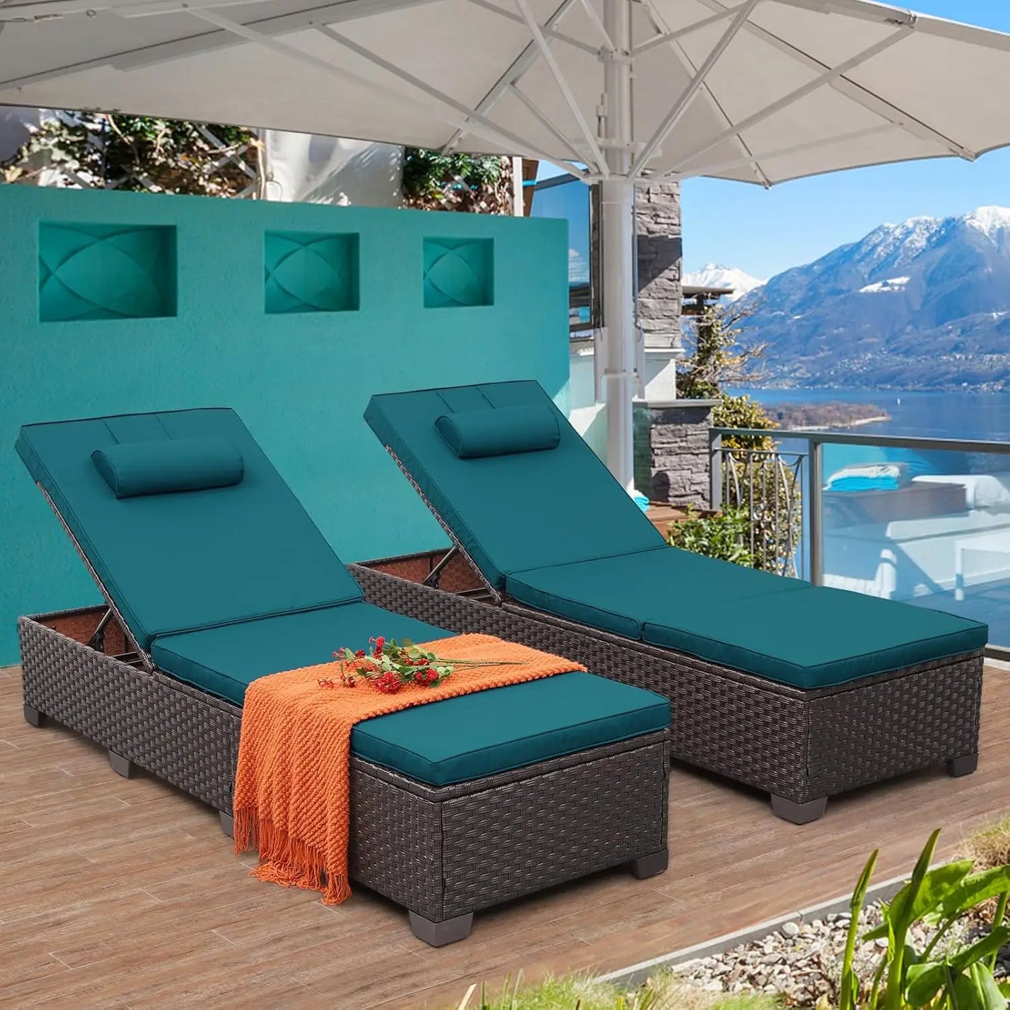 Outdoor Chaise Lounge Set of 2, Brown Wicker Pool Lounge Chairs, Multi-Angle Adjustable Backrest