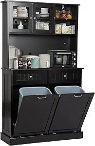 Kitchen Pantry Tall Storage Microwave Cabinet with Tilt Out Trash Storage