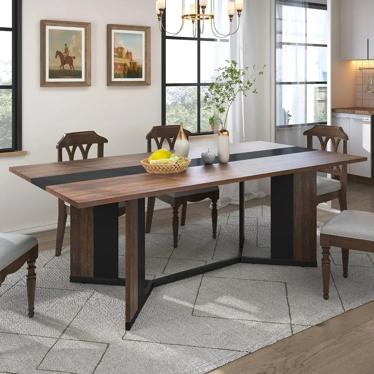 71In Large Rectangular Dining Table,Wood Watrproof Brown Tabletop,6ft Luxurious Family Dinner Table