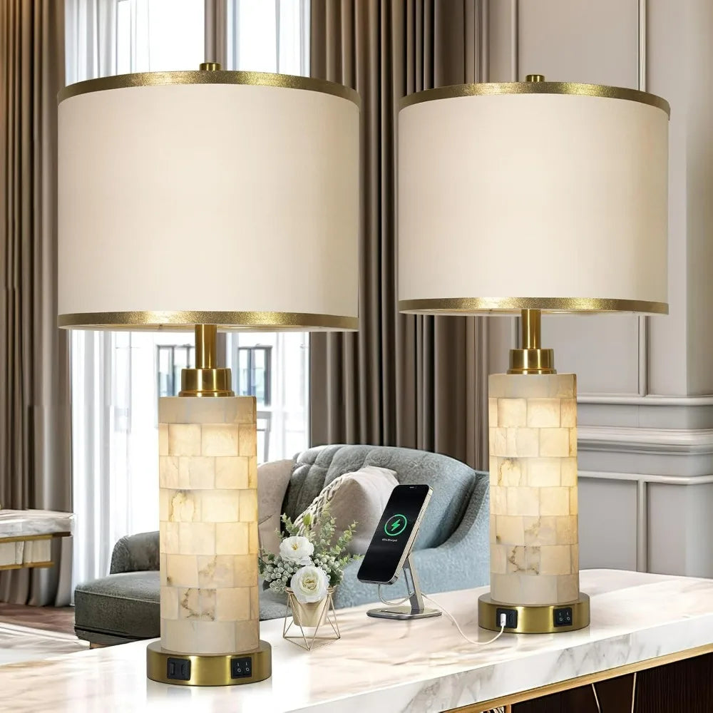 Natural Alabaster Nightstand Lamp with Linen Shade, Set of 2 with Night Light and USB Ports