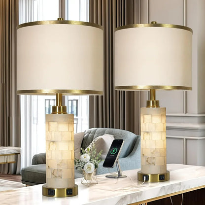 Natural Alabaster Nightstand Lamp with Linen Shade, Set of 2 with Night Light and USB Ports