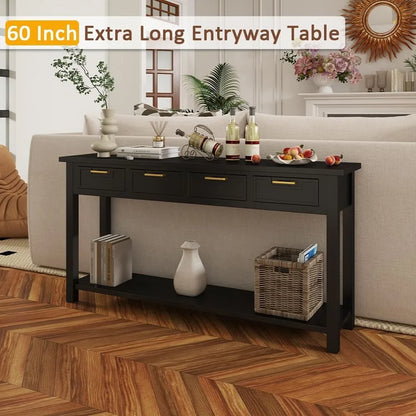 60 Inch Sofa Table w/4 Drawers and Bottom Shelf Narrow Long Hallway Table