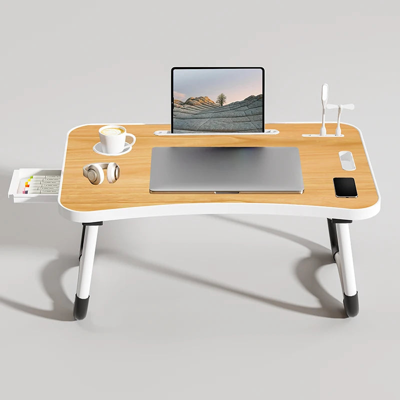 Portable Foldable laptop Desk for working with USB Light, Small Fan, Cup Holder, Tablet Slot, and Lifting Handle