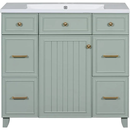 36" Bathroom Vanity organizer With Sink, Modern Green Bathroom Vanity With 3 Drawers