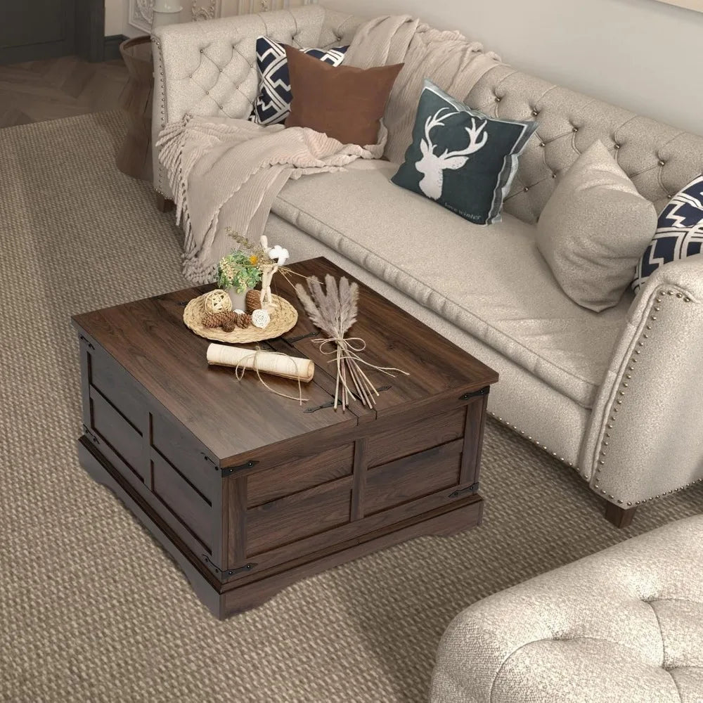 Farmhouse Rustuc Square Wooed Coffee Table with Hinged Lift Top and Large Hidden Storage Compartment
