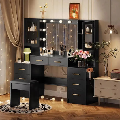 58.3" Makeup Vanity Desk with Mirror and Lights, Charging Station Table,  White