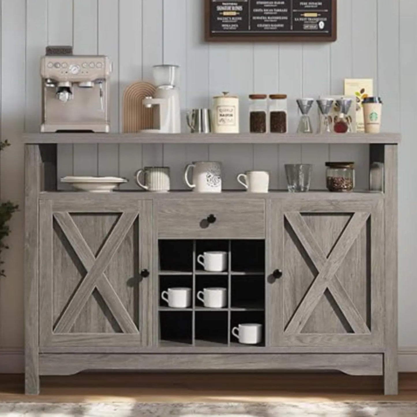 47" Farmhouse Coffee Bar Buffet Station with Storage, Gray with Drawer
