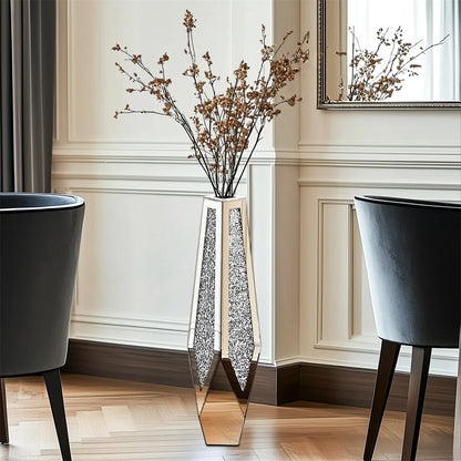 34” Tall Standing Flower Vase Crushed Diamond Mirrored Silver Glass Decorative Corner Vase for Home
