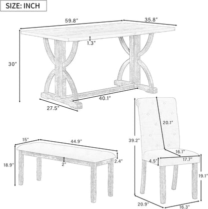 6 Pieces Rectangular Wood Dining Table Set with Bench and Unique Legs with 4 Upholstered Chairs