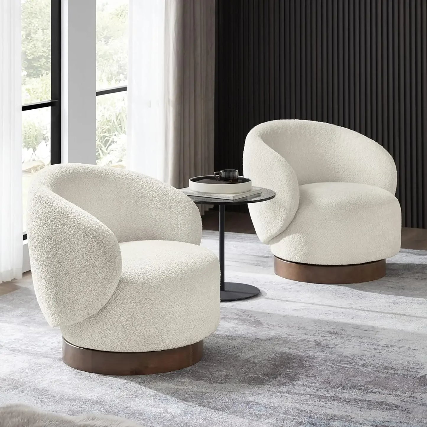 Swivel Accent Chair Round Barrel Armchair, Upholstered Performance Fabric, 2 PCS,Cream