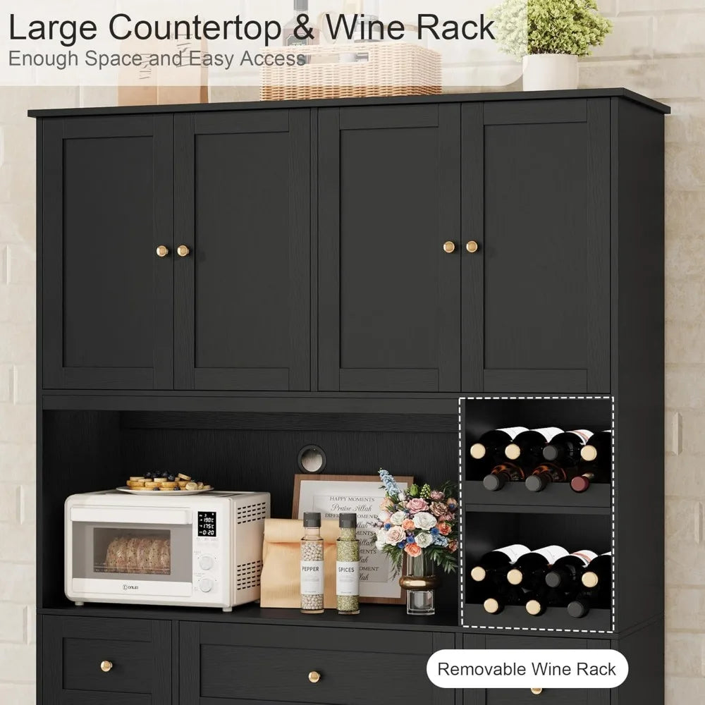 72" Tall Kitchen Large Pantry Storage Cabinet with Wine Rack, Modern Hutch