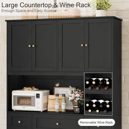 72" Tall Kitchen Large Pantry Storage Cabinet with Wine Rack, Modern Hutch
