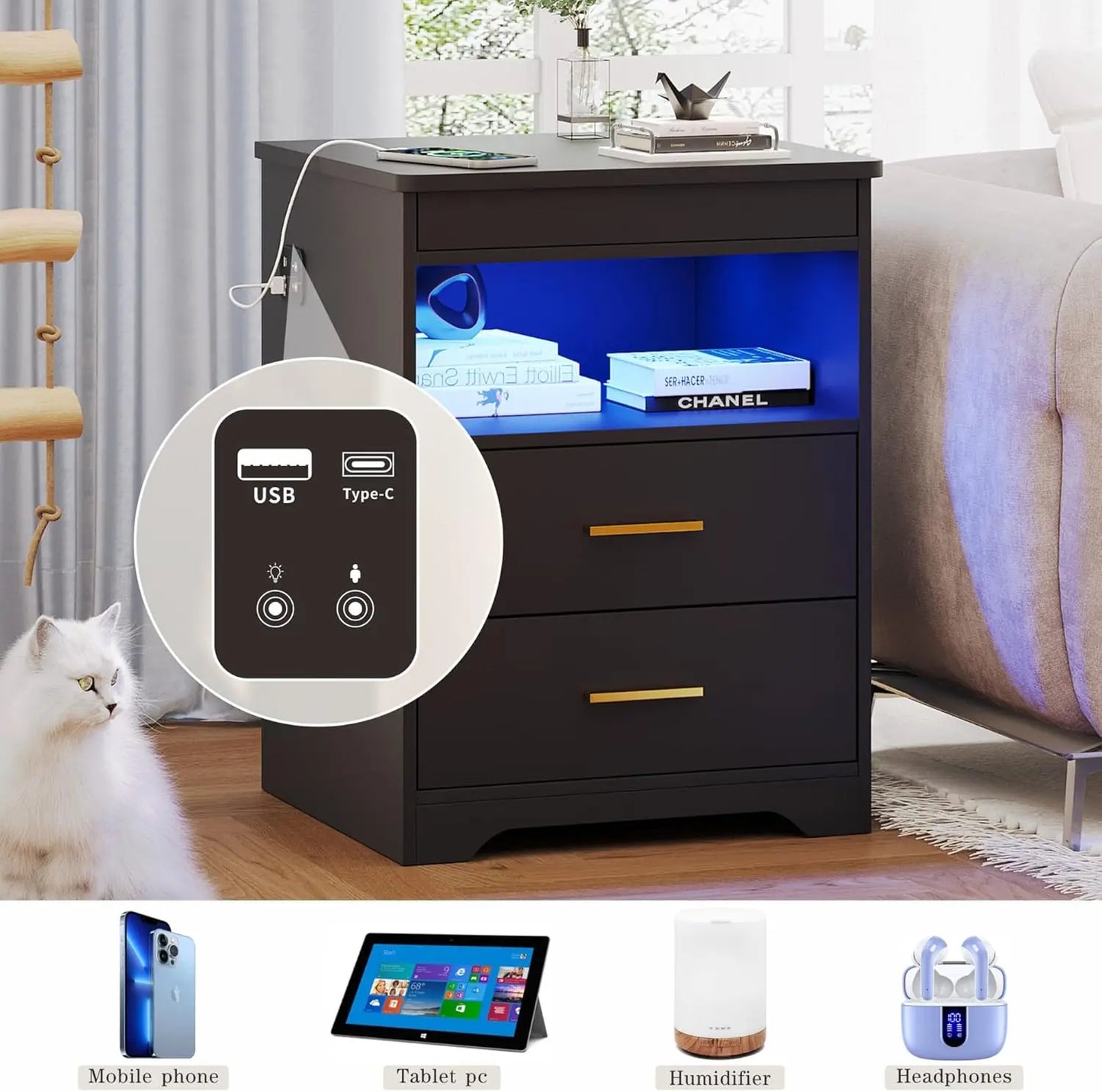 Modern Charging Table with USB & Type-C Port, LED Nightstand with Human Sensor Light