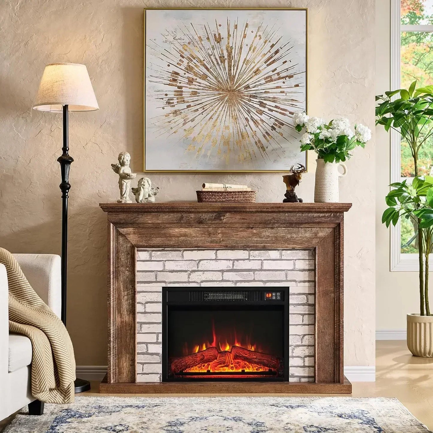 45" Flip Top Electric Fireplace adjustable flame level with Mantel, Heater, TV Stand, (Brown)