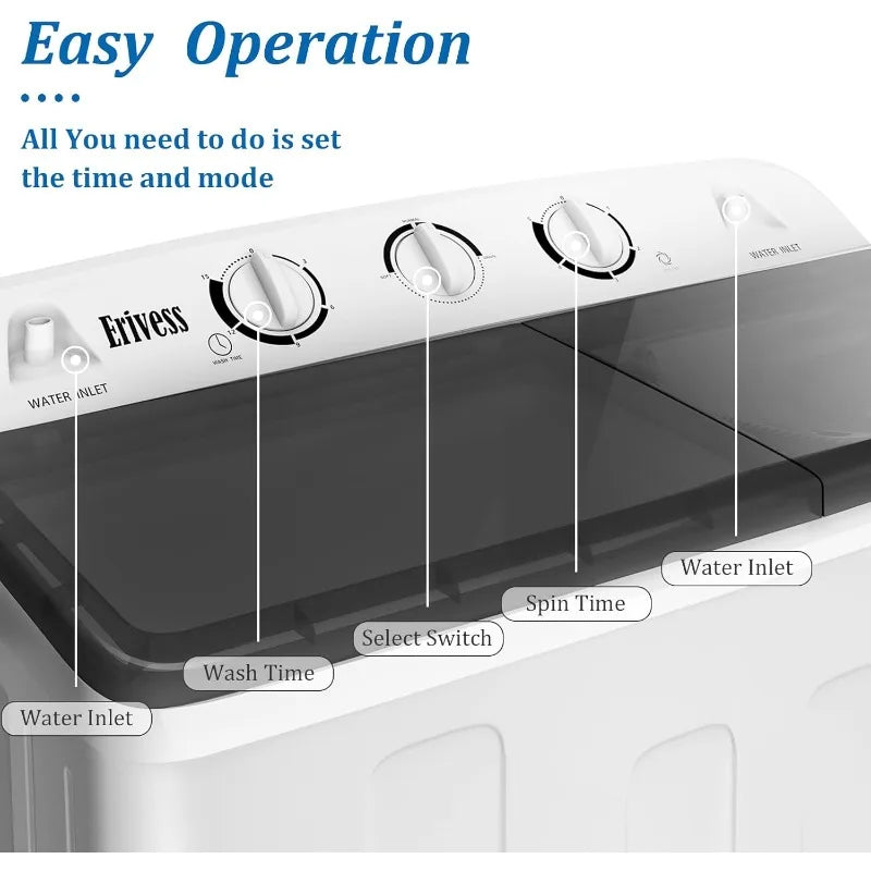 Portable 22 lbs Twin Tub Compact Washing Machine with Drying Rack, and 9 lbs Spinner
