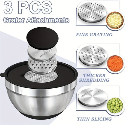 8pcs Stainless Steel Mixing Bowl set with Airtight Black Lids with Attachments  Bottoms