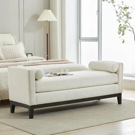King Size 66.3" End of Bed Upholstered Long Boucle Ottoman Bench with Arms & Pillows