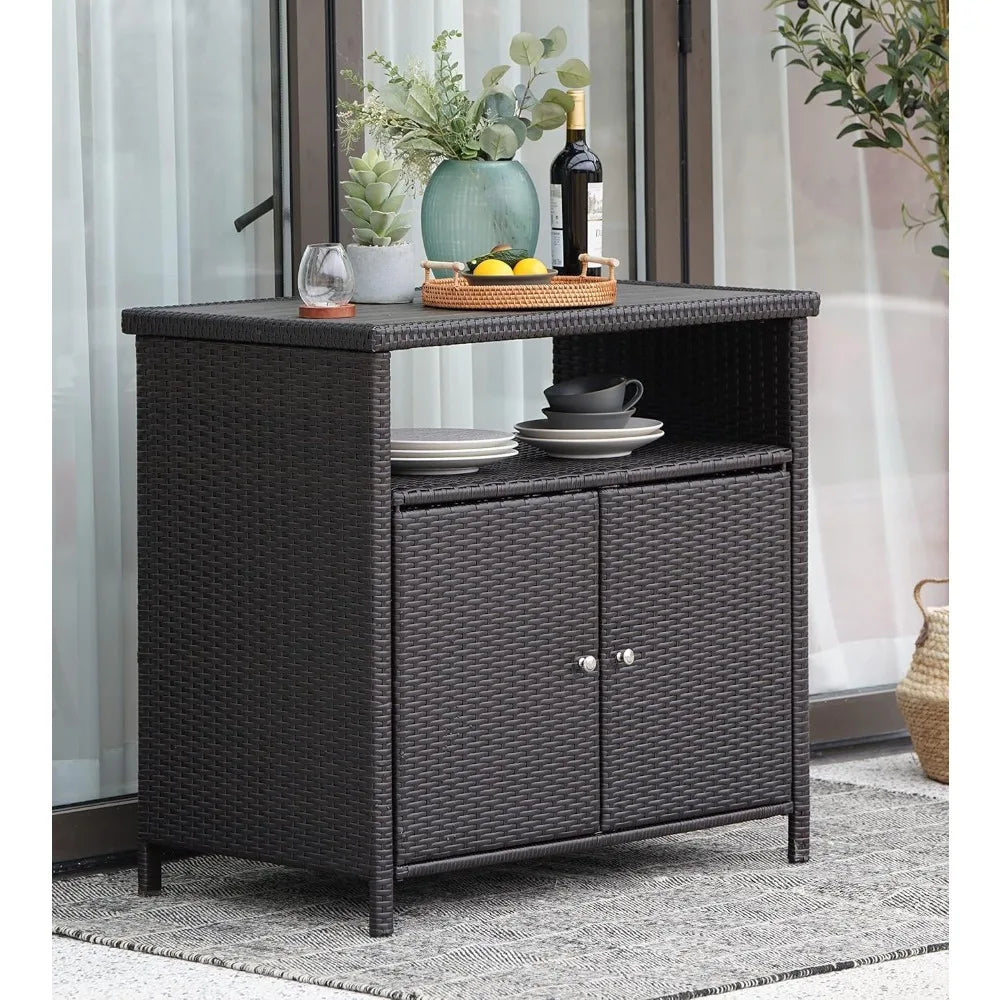 Waterproof Wicker Storage Buffet Outdoor Patio Bar Table with Two Doors and Shelves