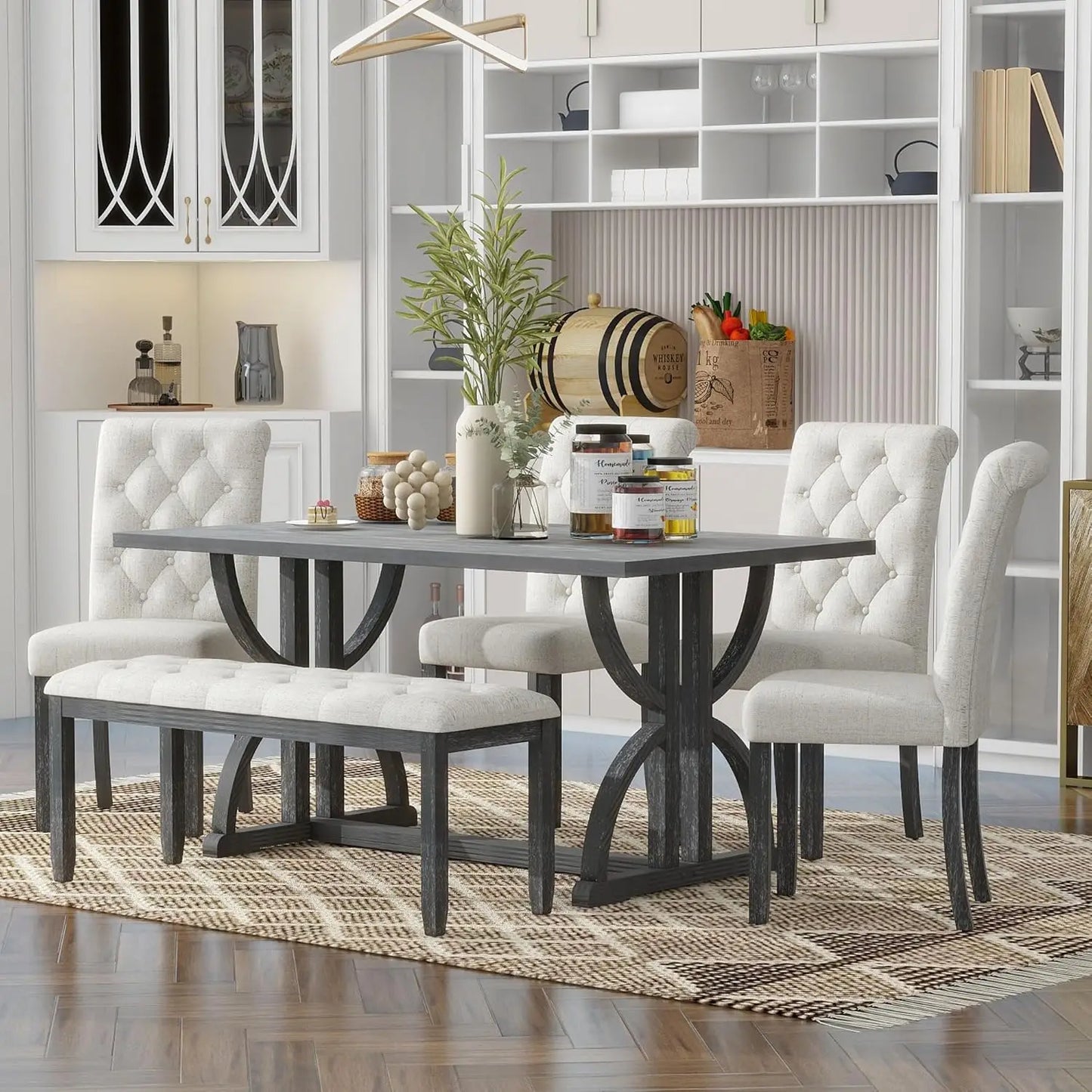 6 Pieces Rectangular Wood Dining Table Set with Bench and Unique Legs with 4 Upholstered Chairs