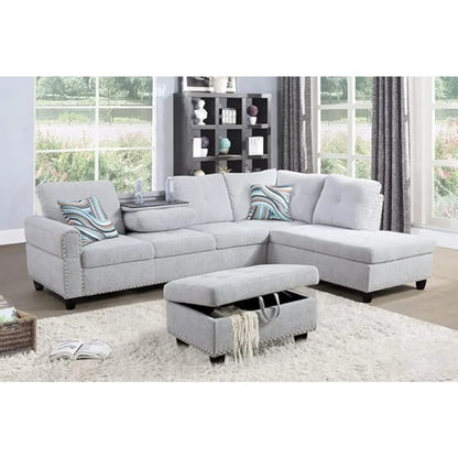 Linen 3-Piece Grey Sofa Living Room Sofa Set with Storage Ottoman, Reversible Coffee Table Cup-Holder,Grey