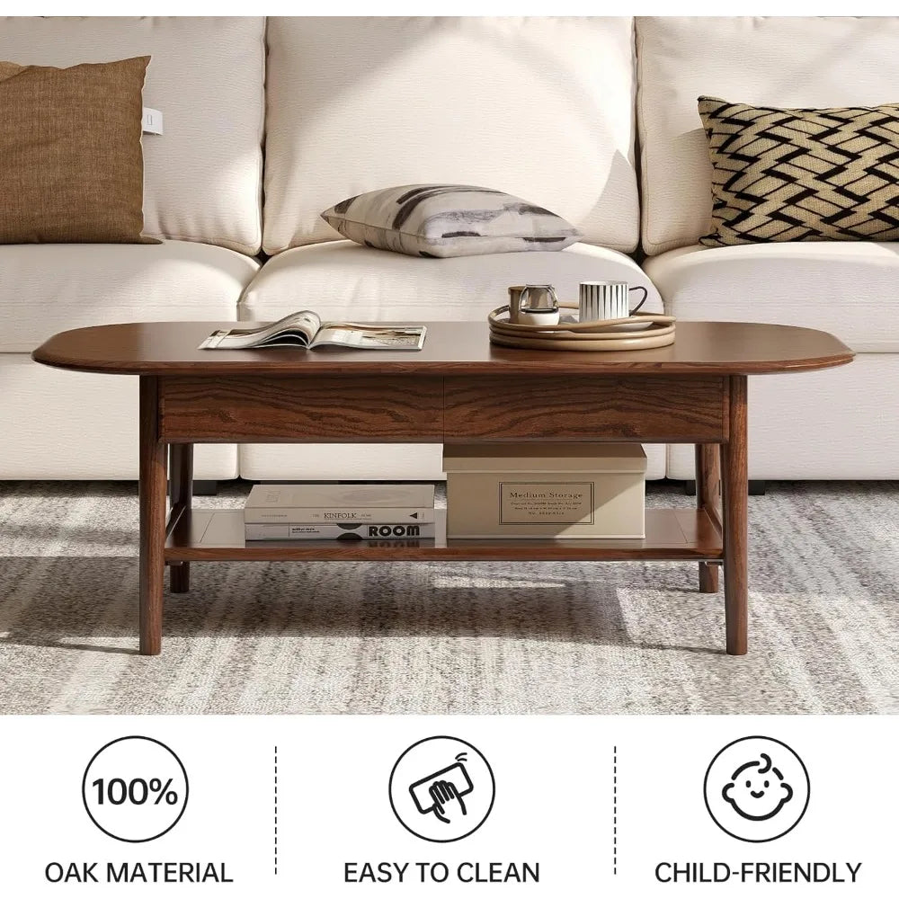 100% Solid Oak Wood 2-Tier Mid-Century Modern Coffee Table for Living Room with Open Shelf