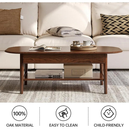 100% Solid Oak Wood 2-Tier Mid-Century Modern Coffee Table for Living Room with Open Shelf