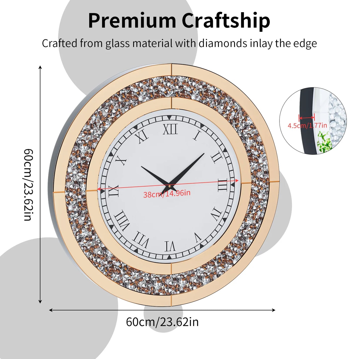 24 inch Large Crystal Mirrored Wall Clock