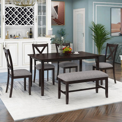 6 Pieces Rectangular Wood Dining Table Set with Bench and Unique Legs with 4 Upholstered Chairs