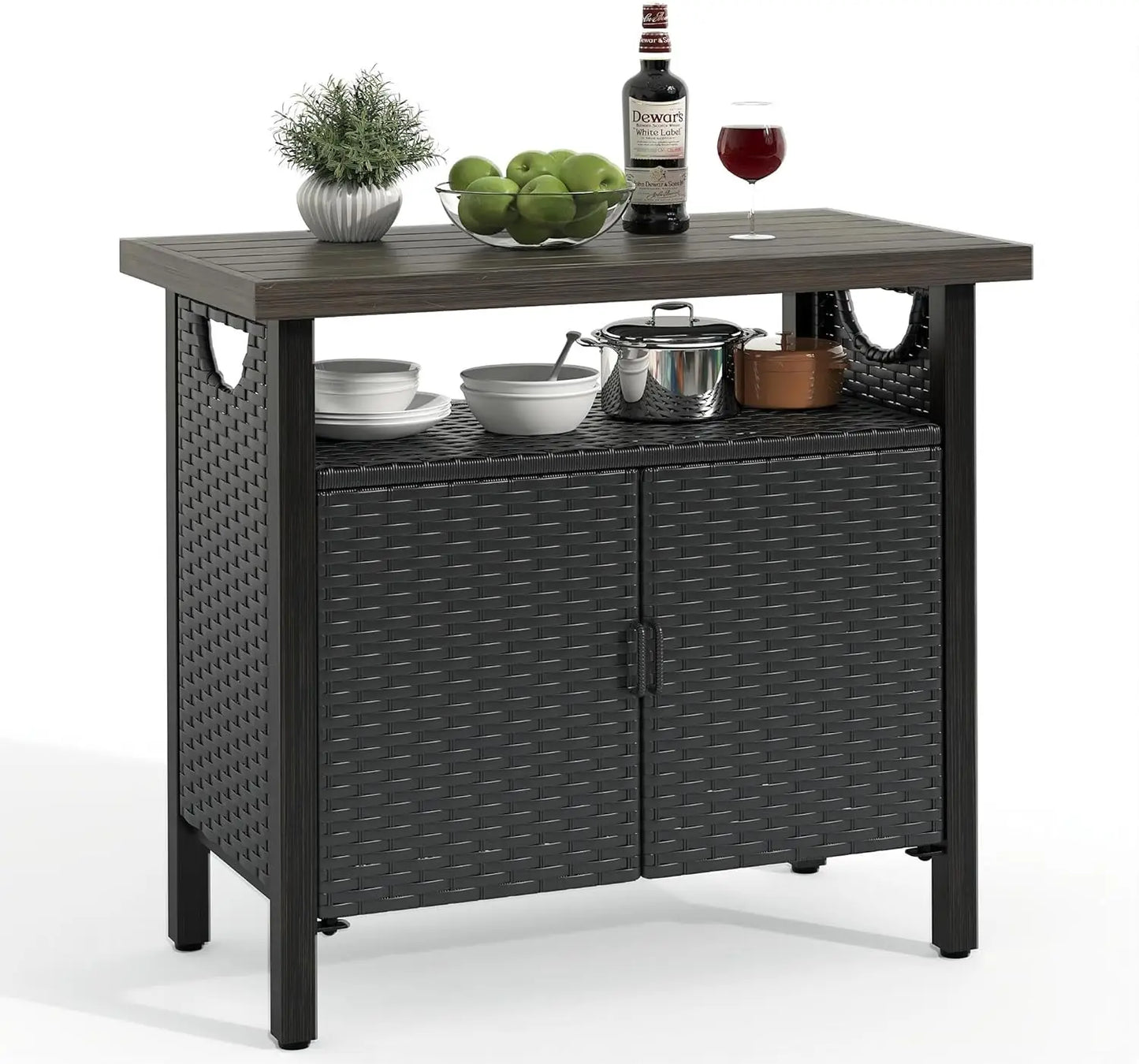 Patio Bar Table with Two Doors and Shelves, Waterproof Wicker Outdoor Storage Cabinet