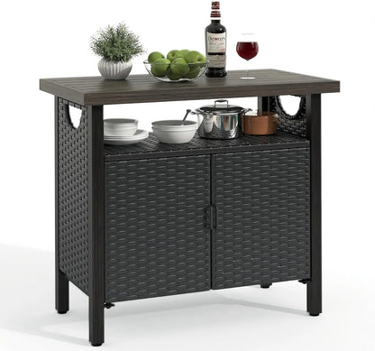 Patio Bar Table with Two Doors and Shelves, Waterproof Wicker Outdoor Storage Cabinet