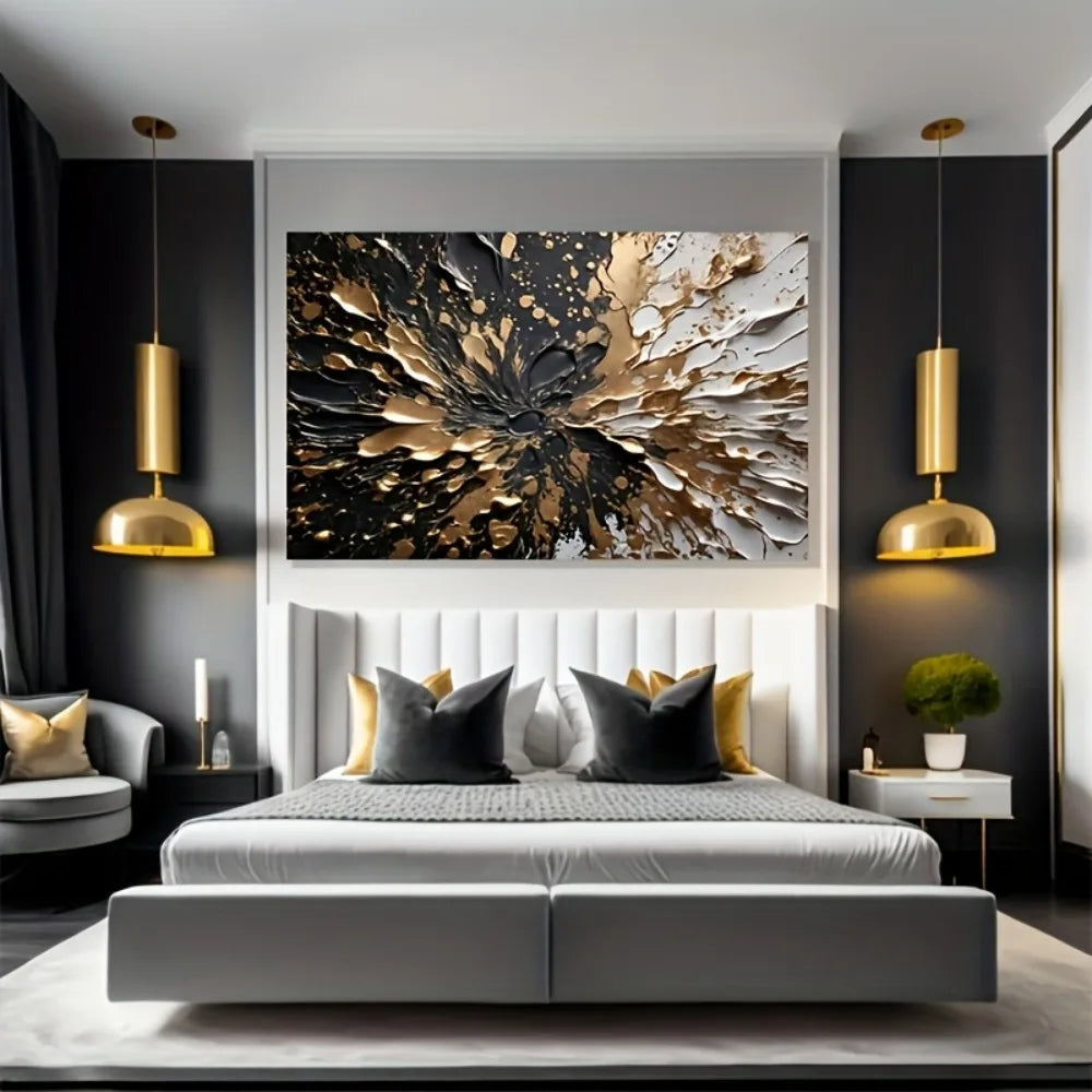 Modern abstract black gold ink splash texture wall mural, 1.5 inch thick pine solid wood frame