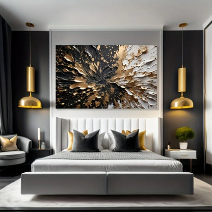 Modern abstract black gold ink splash texture wall mural, 1.5 inch thick pine solid wood frame