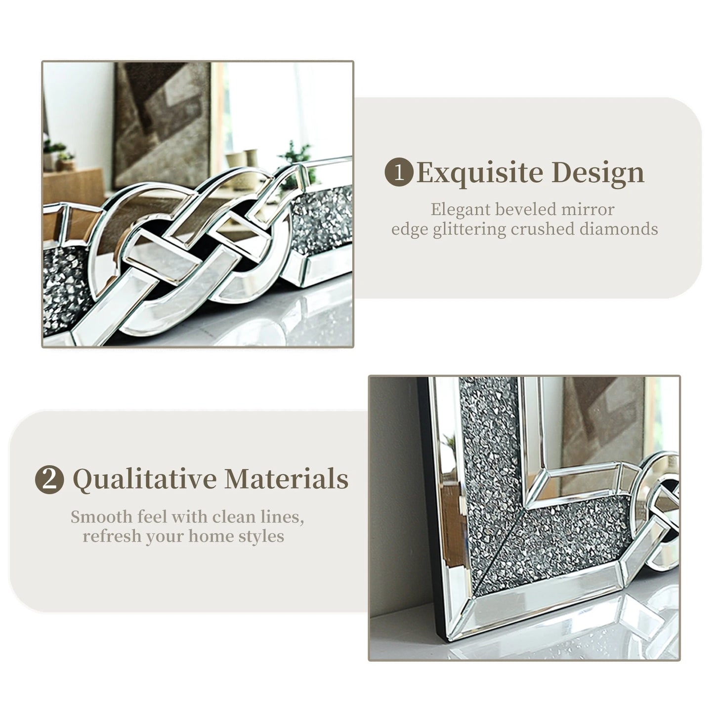 Wisfor Crushed Diamond Glass Silver Wall Mirror Rectangular  with Decorative Glam Bling Crystal Frame Edge