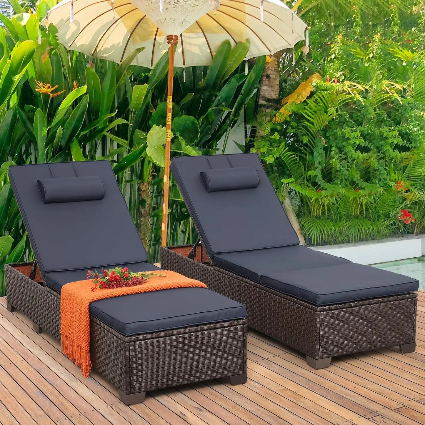 Outdoor Chaise Lounge Set of 2, Brown Wicker Pool Lounge Chairs, Multi-Angle Adjustable Backrest