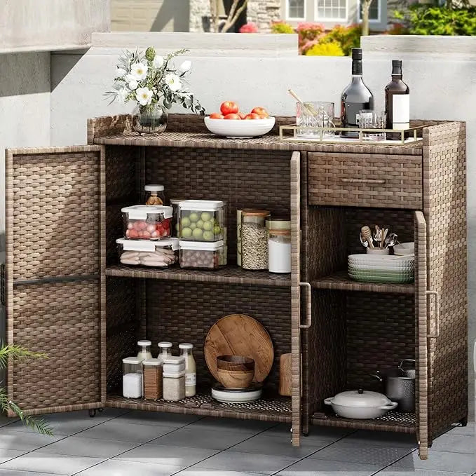 Patio Bar Table with Two Doors and Shelves, Waterproof Wicker Outdoor Storage Cabinet