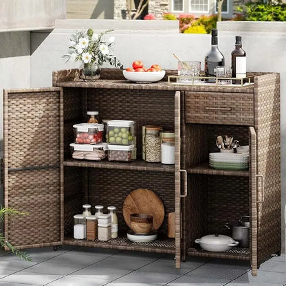Patio Bar Table with Two Doors and Shelves, Waterproof Wicker Outdoor Storage Cabinet