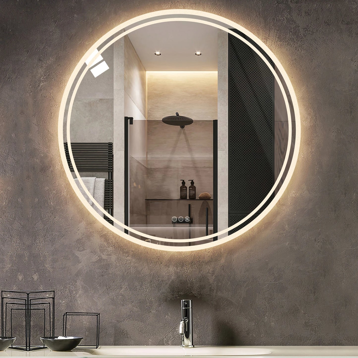 Illuminated Wall Mounted Lighted Mirror with LED Lights Circle Backlit, 3 Colors Change, Dimmable
