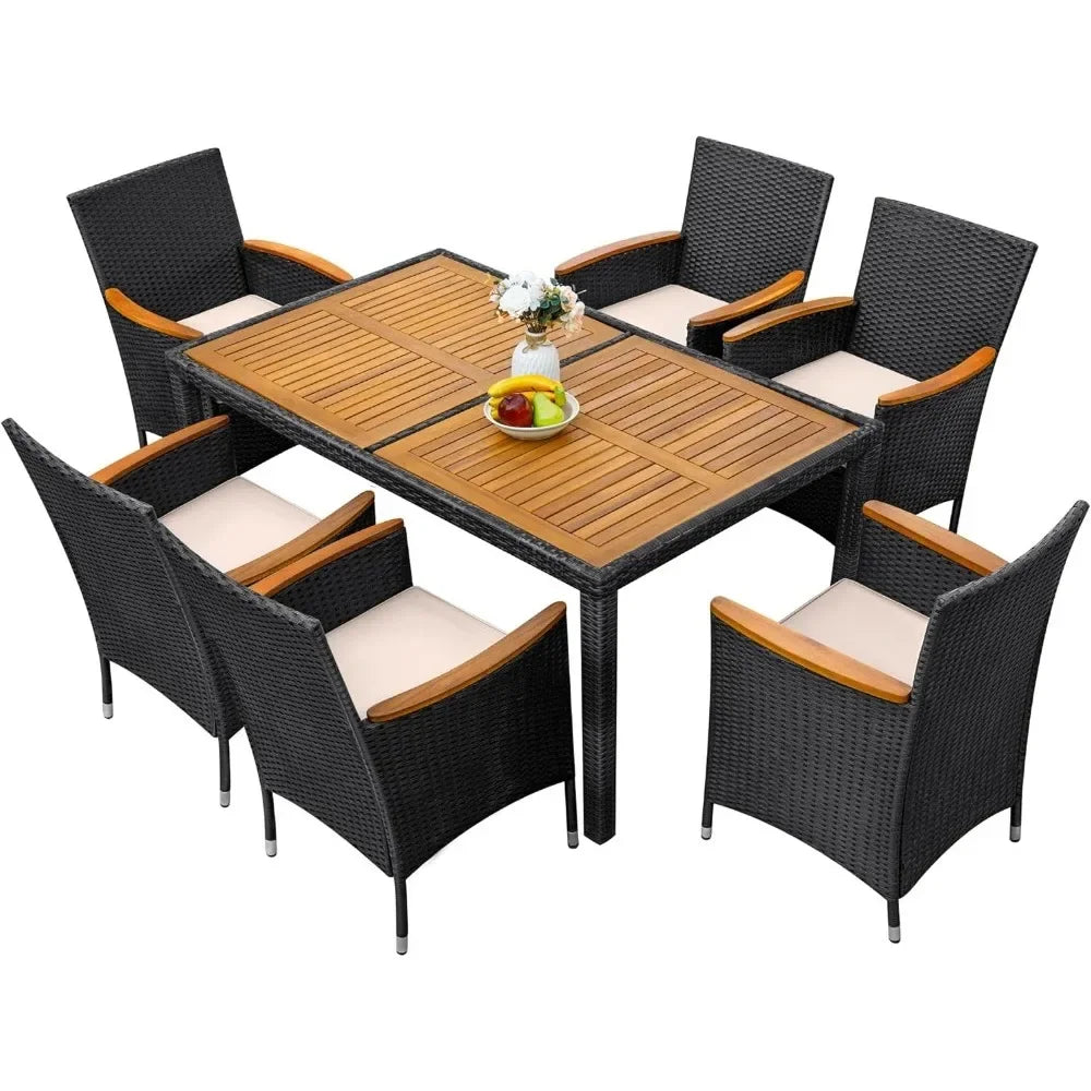 7 Pieces Outdoor Dining Set with 6 Chairs with Cushions, Curved Acacia Wooden Armrests