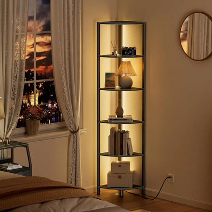 6 Tier Corner Shelf with LED Light 67.5” Tall Standing Shelf Organizer, Black Narrow Bookshelf with Storage Rack for Wall Corner