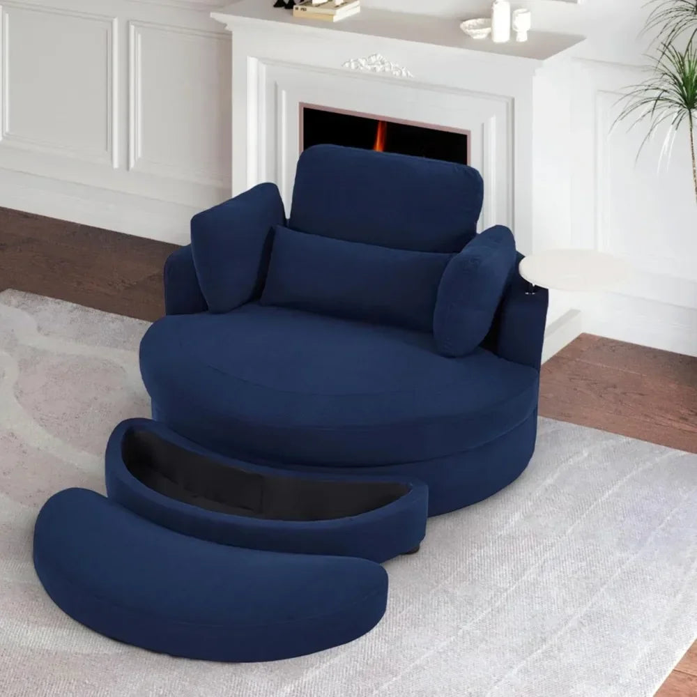 Oversize Round Barrel Swivel Accent Chair with Armrest Tray and Ottoman, Corduroy Fabric