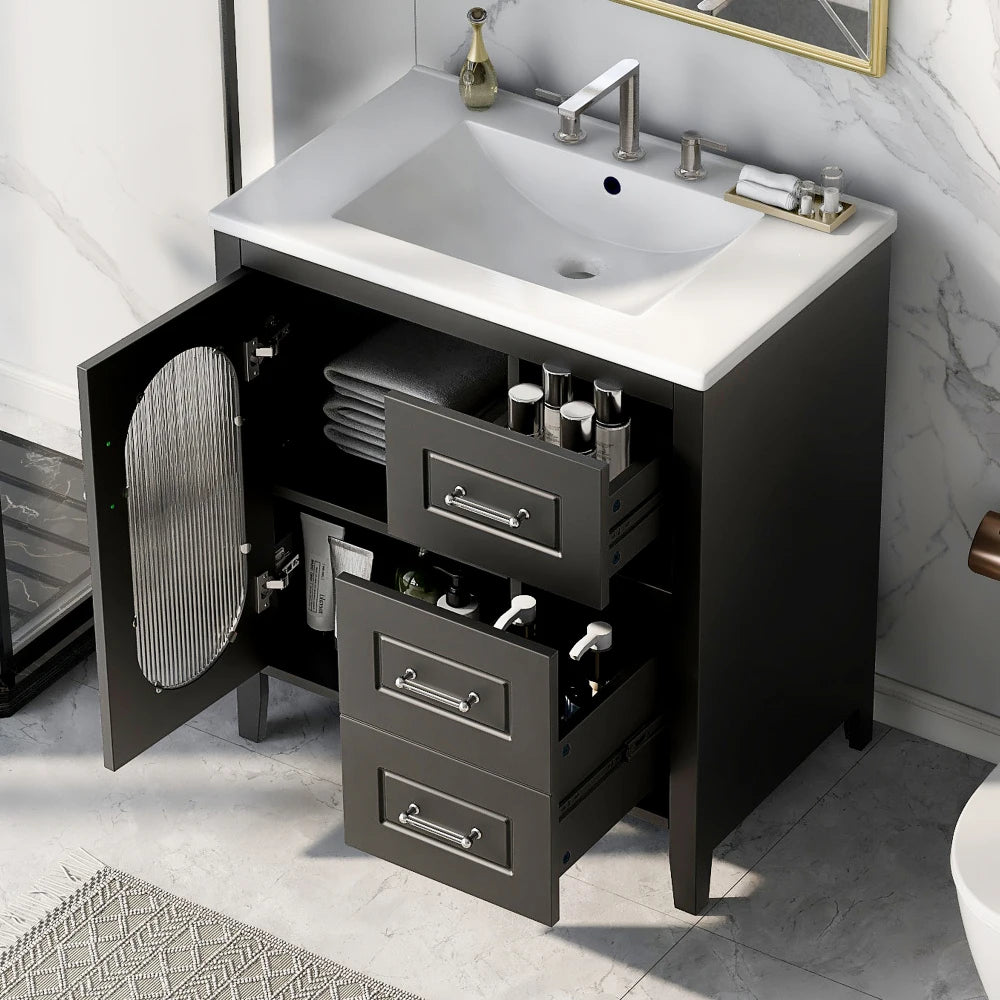 30" Bathroom Vanity with Sink  with Two Drawers and Door, Adjustable Shelf, Solid Wood, Black