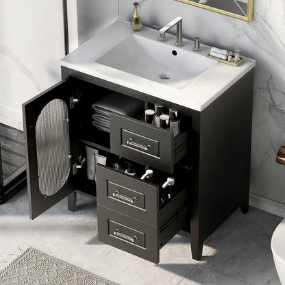 30" Bathroom Vanity with Sink  with Two Drawers and Door, Adjustable Shelf, Solid Wood, Black