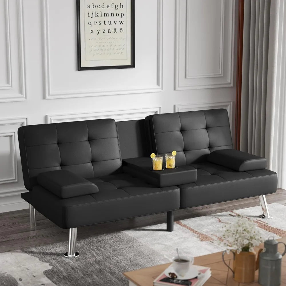 Futon Sofa Bed, Modern Folding Futon Sofa Bed Set, Convertible Lounge Chair, with 2 Cup Holders