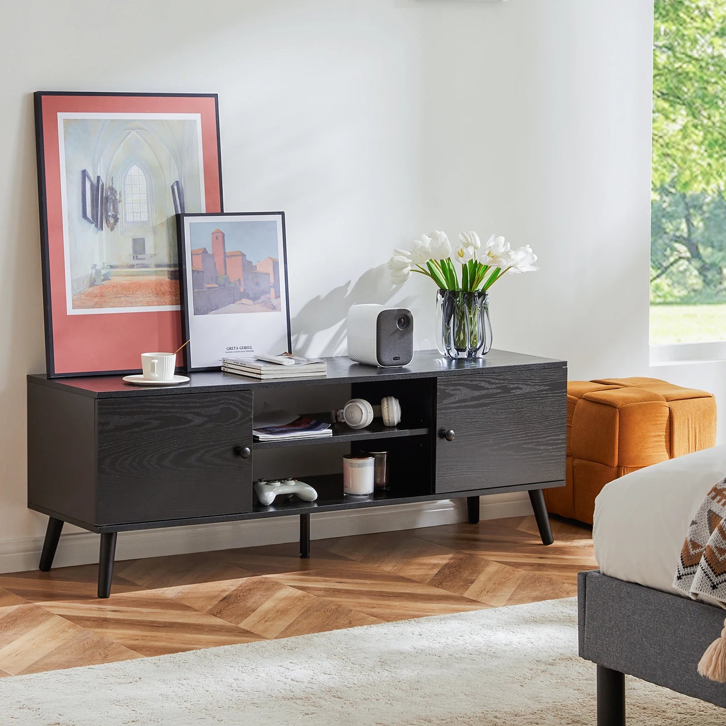 JHK TV Stand For Up To 60 Inch, Entertainment Center with Media Console, 2 Storage Adjustable Shelf
