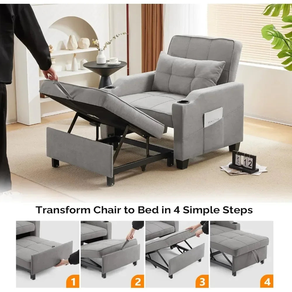 Sleeper Chair 3-in-1 Pull out Couch Sleeper Sofa Light Gray, Recliner with USB Ports, Cup Holders, Side Pockets