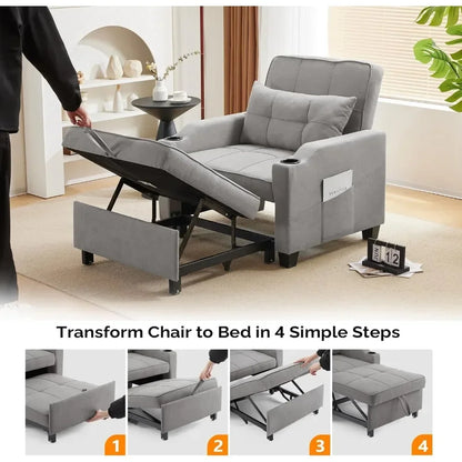Sleeper Chair 3-in-1 Pull out Couch Sleeper Sofa Light Gray, Recliner with USB Ports, Cup Holders, Side Pockets