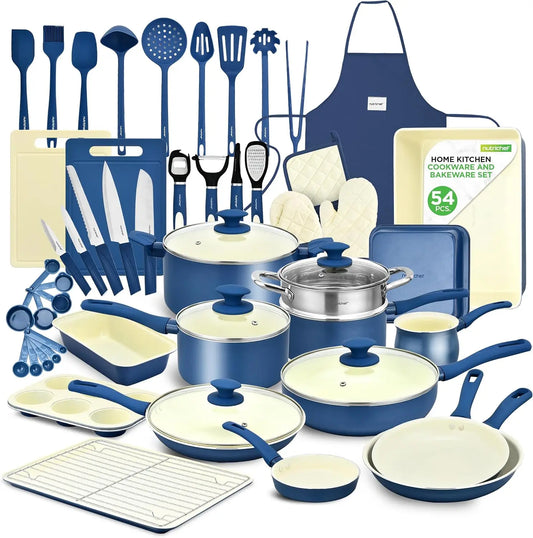 54 Piece Professional Grade Complete Home Kitchen Cookware Set, Ceramic Non-Stick Bakeware