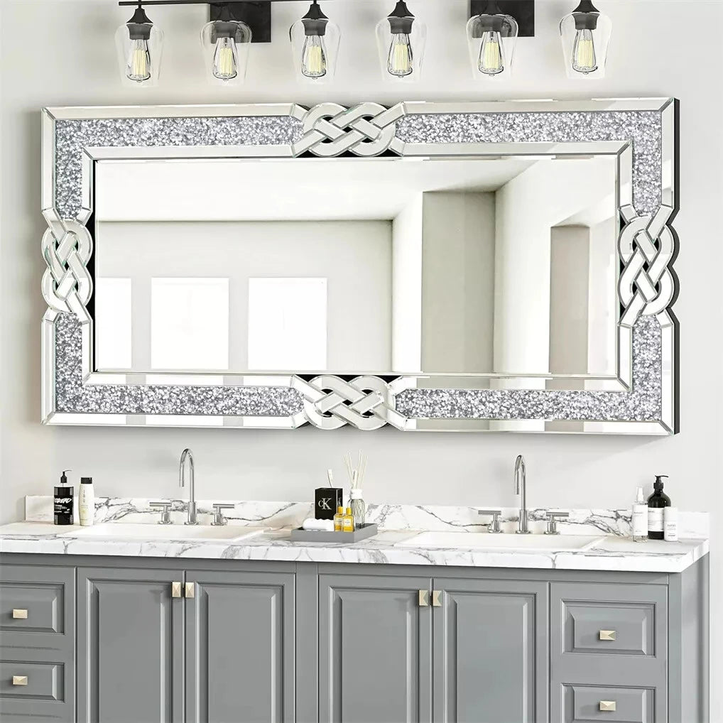 Wisfor Crushed Diamond Glass Silver Wall Mirror Rectangular  with Decorative Glam Bling Crystal Frame Edge